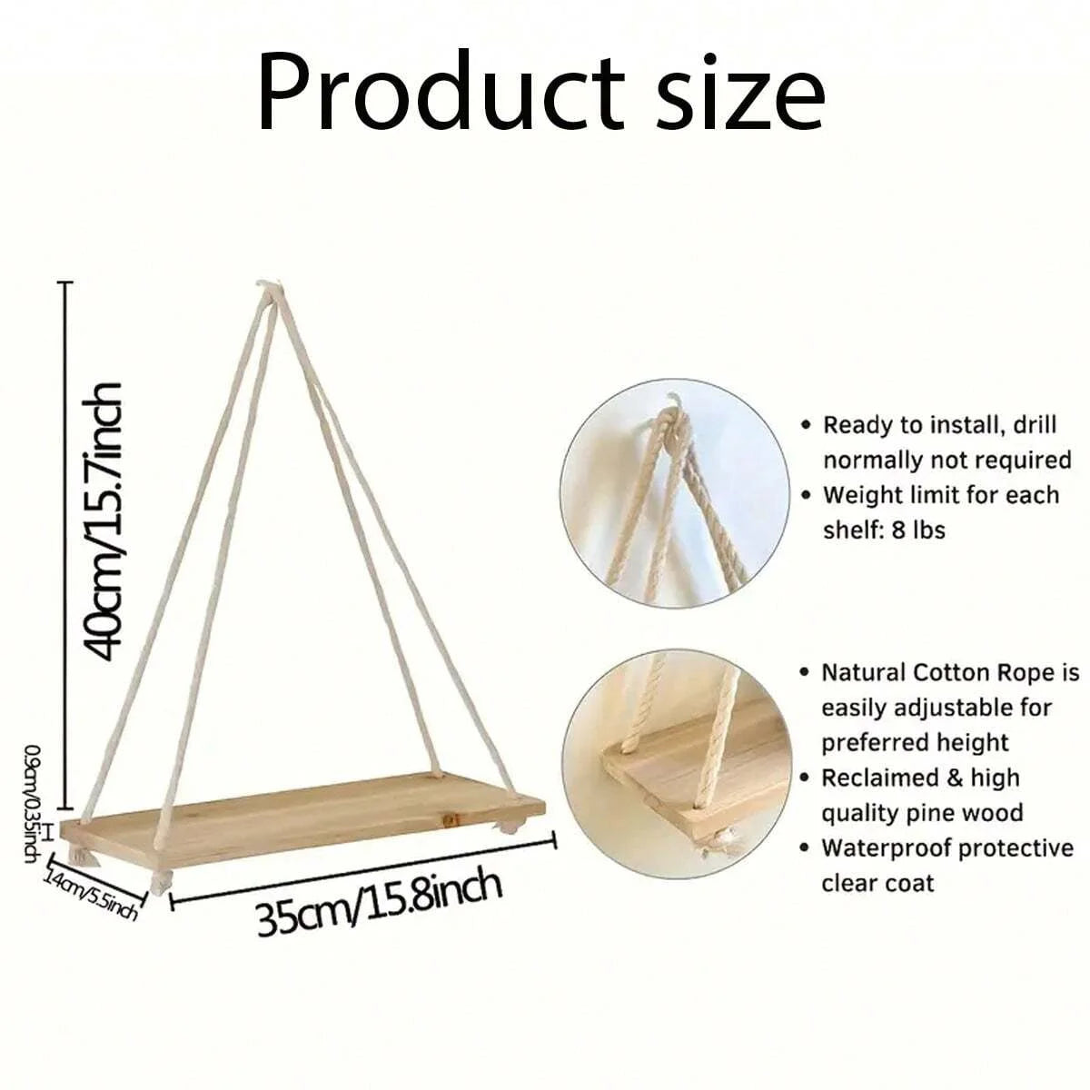 Modern Wooden Hanging Shelf with Adjustable Rope