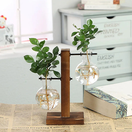 Wooden Hydroponic Plant Stand with Glass Bulb Vases