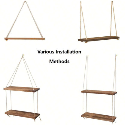 Modern Wooden Hanging Shelf with Adjustable Rope