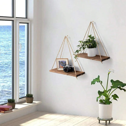 Modern Wooden Hanging Shelf with Adjustable Rope